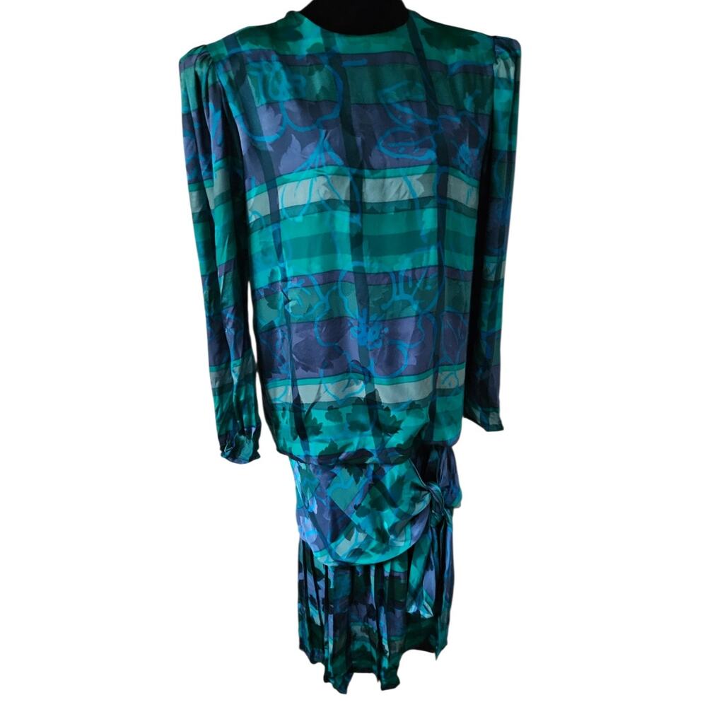 Vintage 80s Argenti 100% Pure Silk Dress Plaid Floral Teal Blue Side Tie Size 8